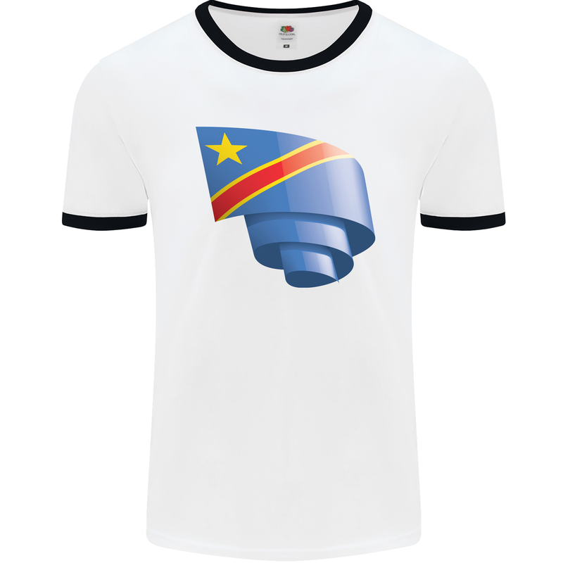 Curled DR Congo Flag Congolese Day Football Mens Ringer T-Shirt White/Black