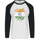 Torn India Flag Indian Day Football Mens L/S Baseball T-Shirt White/Black