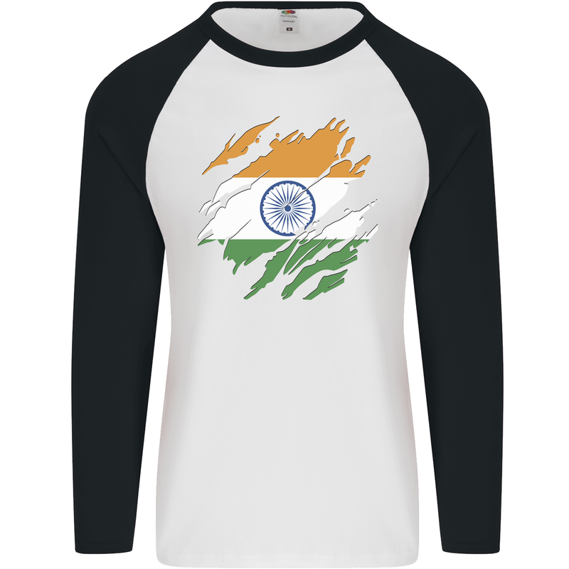 Torn India Flag Indian Day Football Mens L/S Baseball T-Shirt White/Black