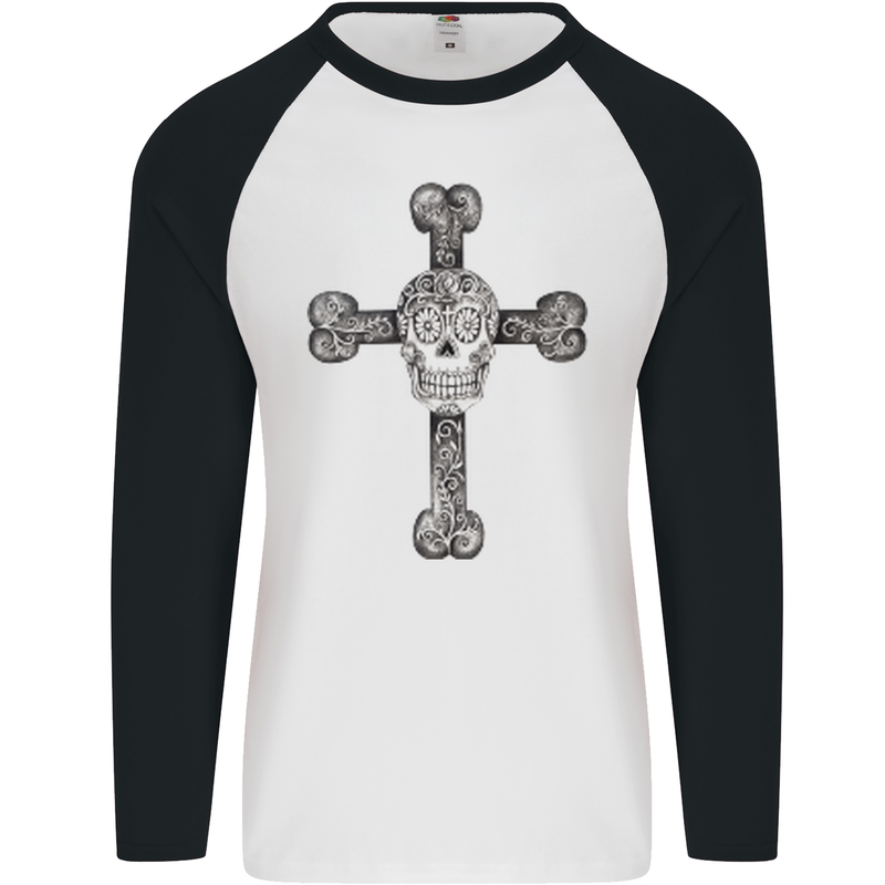 Day of the Dead Sugar Skull Cross Mens L/S Baseball T-Shirt White/Black
