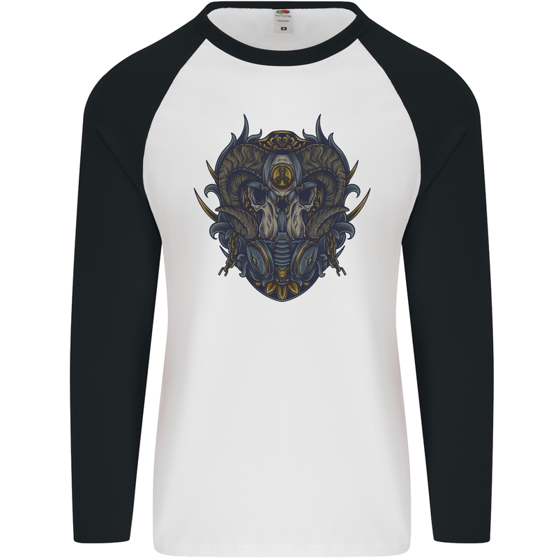 Ram Skull With Respirator Mens L/S Baseball T-Shirt White/Black