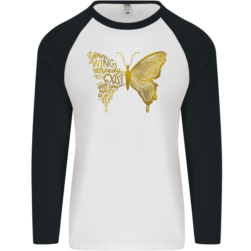 Butterfly Inspirational Quote Rhopalocera Mens L/S Baseball T-Shirt White/Black