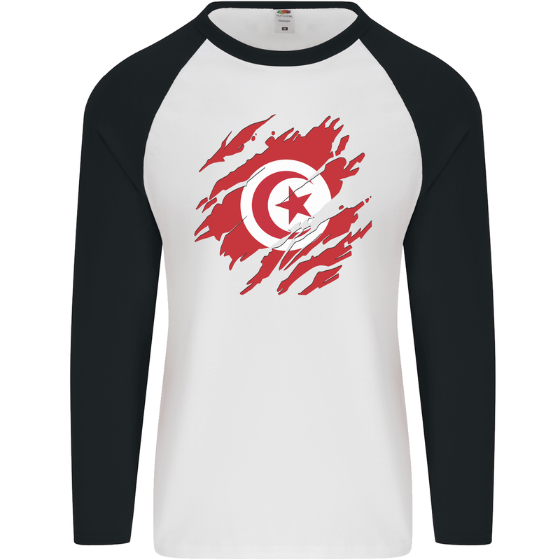 Torn Tunisia Flag Tunisian Day Football Mens L/S Baseball T-Shirt White/Black