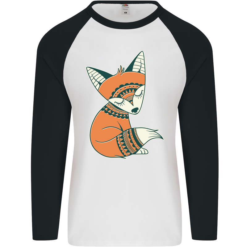 A Cute Tribal Fox Mens L/S Baseball T-Shirt White/Black