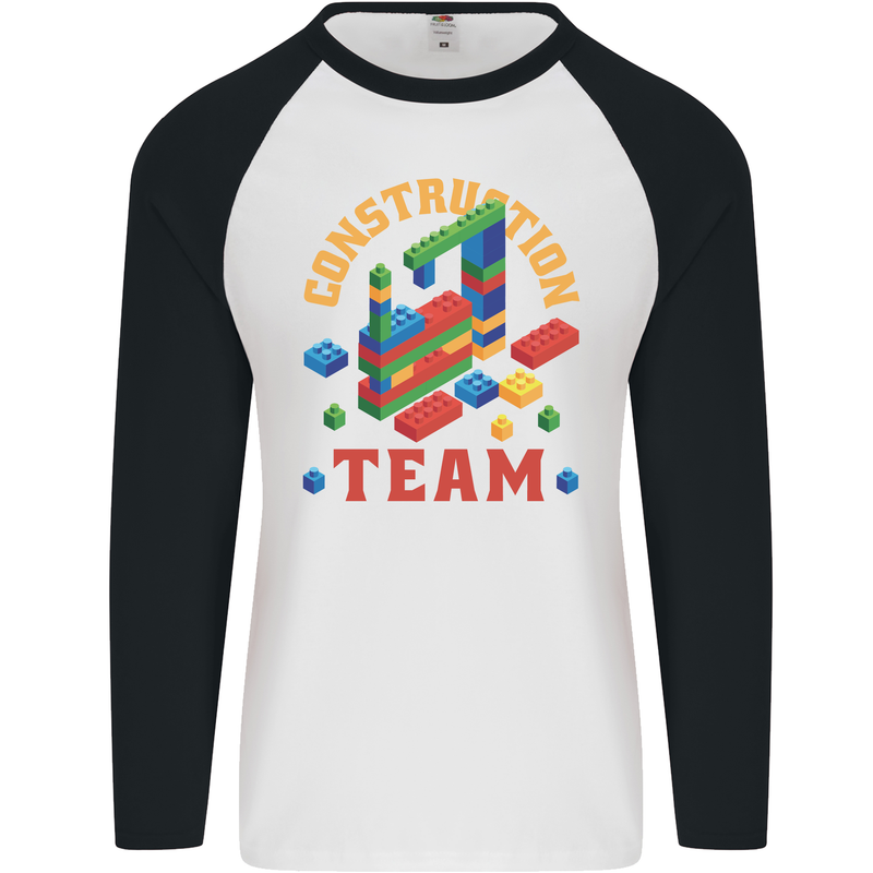 Construction Funny Building Blocks Bricks Mens L/S Baseball T-Shirt White/Black
