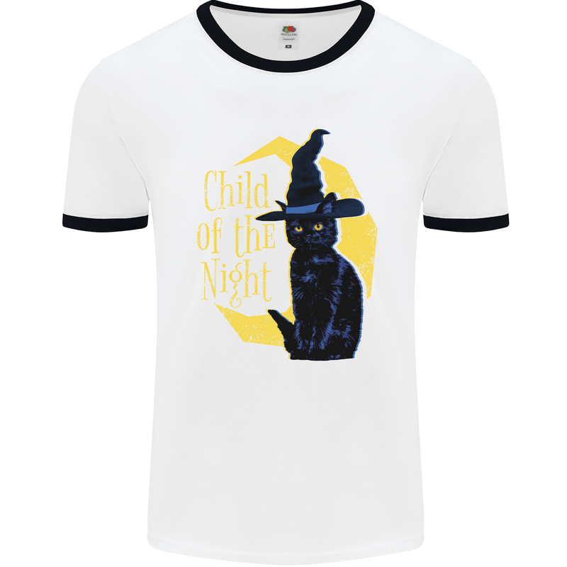 Child of the Night Halloween Black Cat Witch Mens Ringer T-Shirt White/Black