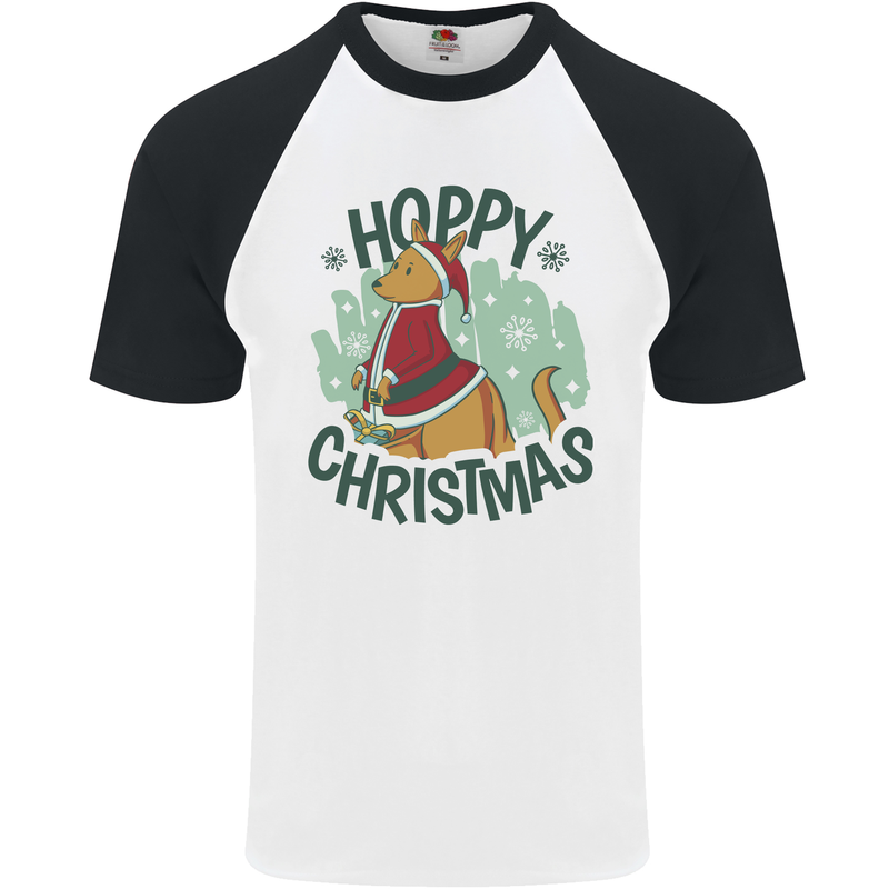 Hoppy Christmas Funny Kangaroo Xmas Mens S/S Baseball T-Shirt White/Black