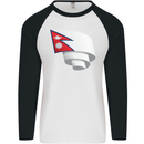 Curled Nepal Flag Nepalese Day Football Mens L/S Baseball T-Shirt White/Black