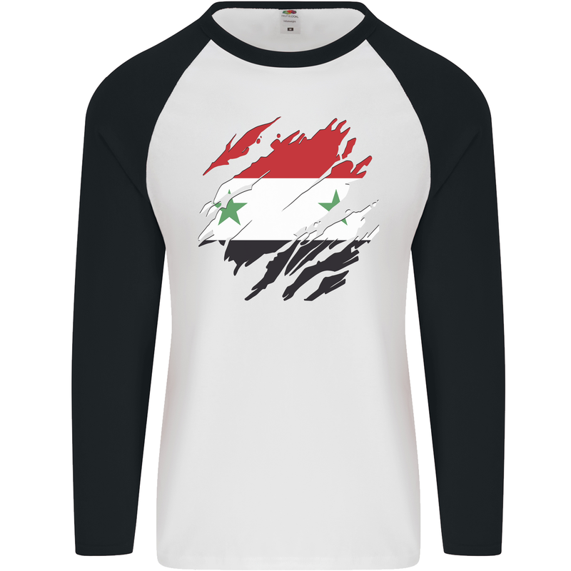 Torn Syria Flag Syrian Day Football Mens L/S Baseball T-Shirt White/Black