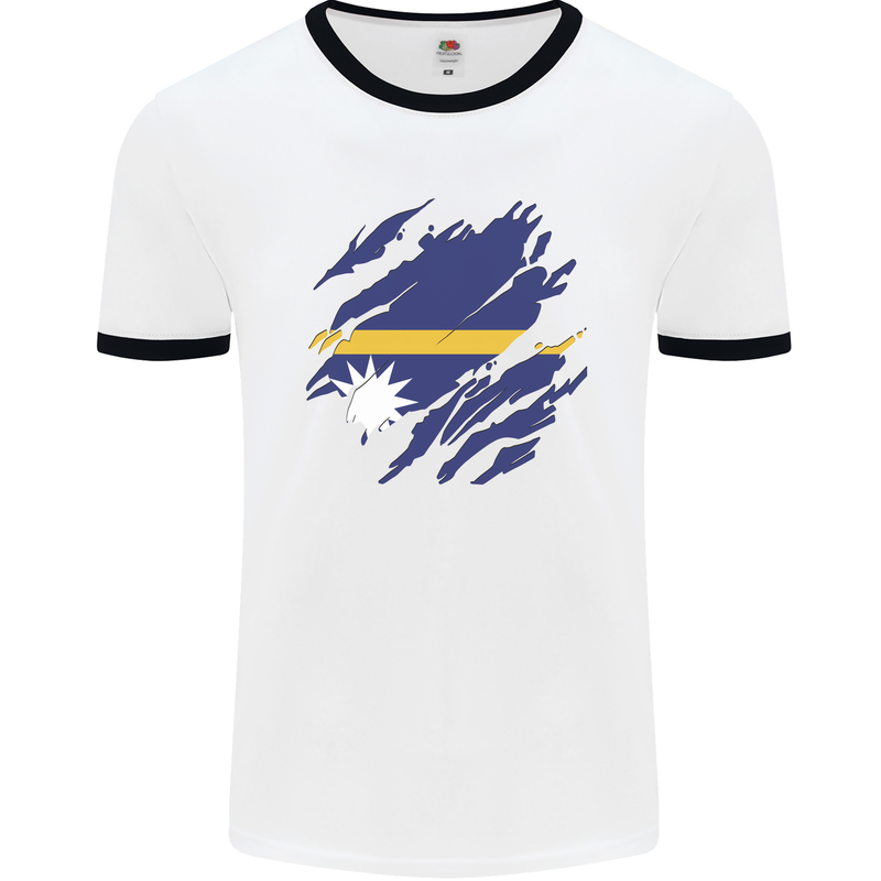 Torn Nauru Flag Nauruan Day Football Mens Ringer T-Shirt White/Black