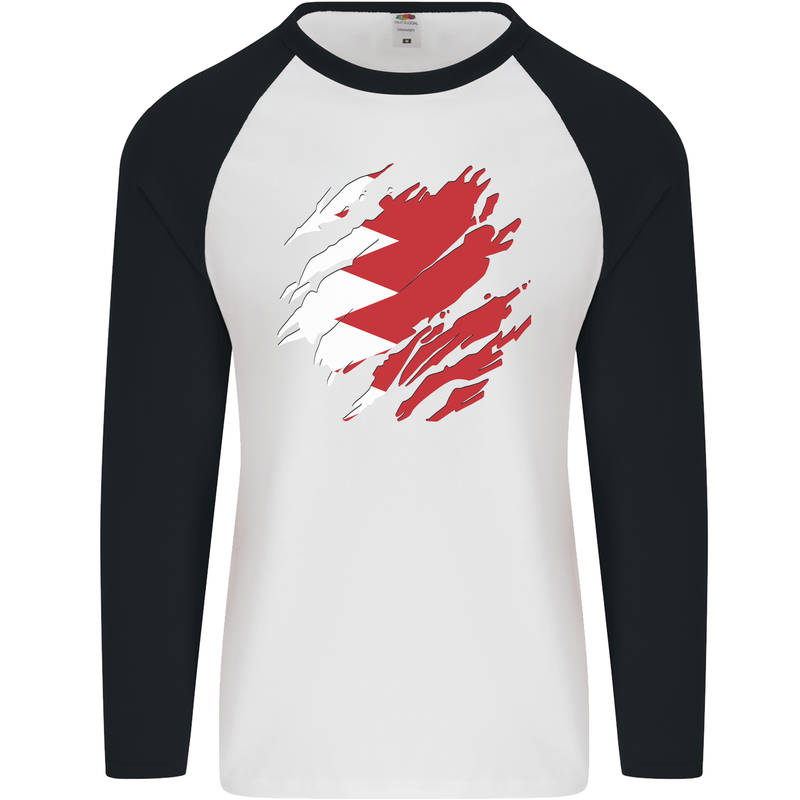 Torn Bahrain Flag Bahraini Day Football Mens L/S Baseball T-Shirt White/Black