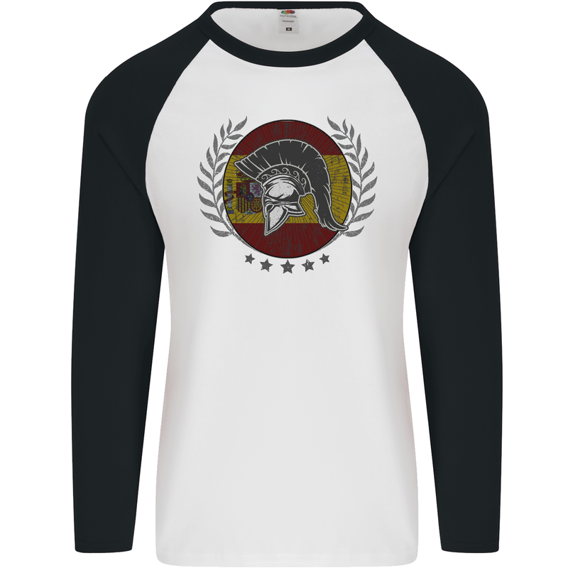 Spain Bodybuilding Flag Gym Training Spanish Mens L/S Baseball T-Shirt White/Black