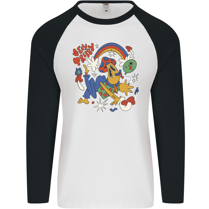 Stay Trippy Magic Mushrooms LSD Mens L/S Baseball T-Shirt White/Black