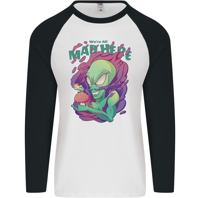 All Mad Here Alien Magic Mushrooms Mens L/S Baseball T-Shirt White/Black
