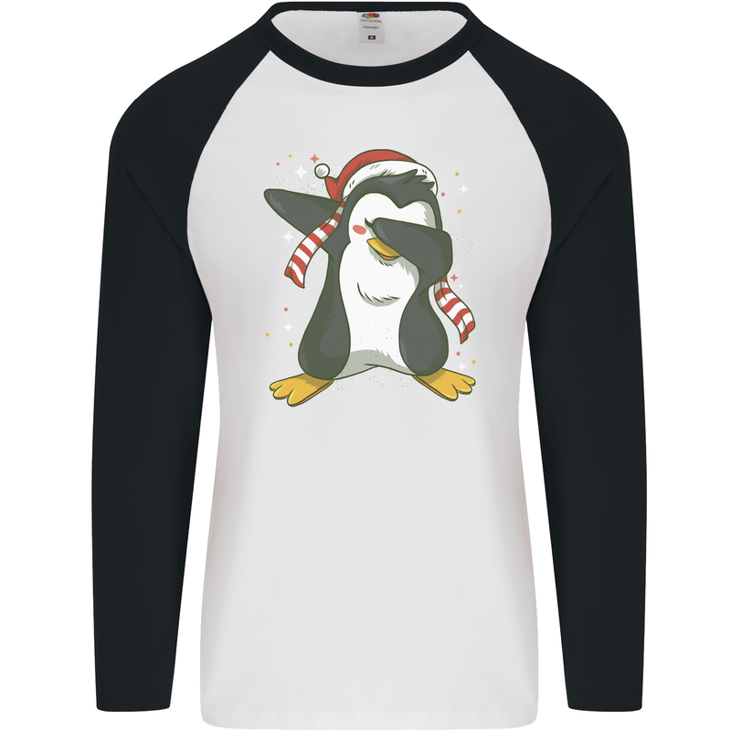 Christmas Dabbing Penguin Funny Xmas Mens L/S Baseball T-Shirt White/Black