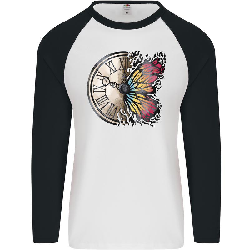 Butterfly Clock Mens L/S Baseball T-Shirt White/Black