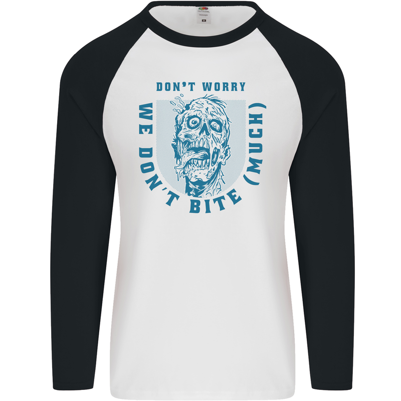 Funny Halloween Zombie We Dont Bite Much Mens L/S Baseball T-Shirt White/Black
