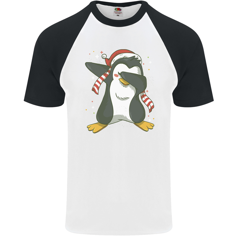 Christmas Dabbing Penguin Funny Xmas Mens S/S Baseball T-Shirt White/Black