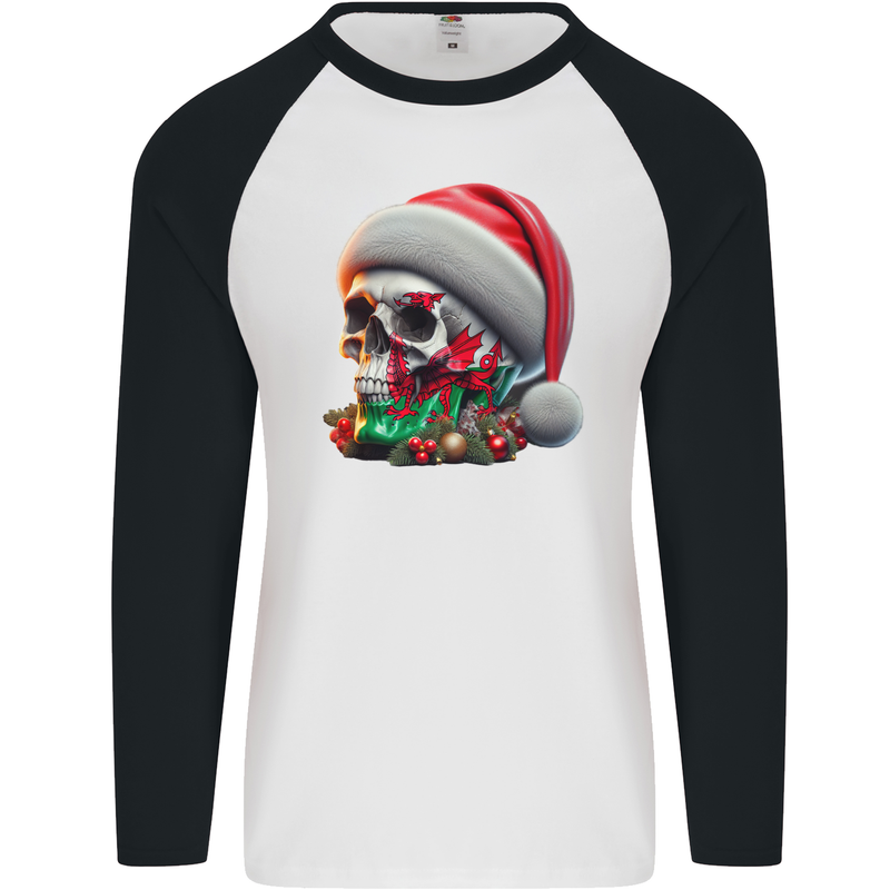 Wales Christmas Skull Xmas Welsh Flag Rugby Mens L/S Baseball T-Shirt White/Black