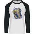 Elephant Hand Drawn Watercolour Mens L/S Baseball T-Shirt White/Black