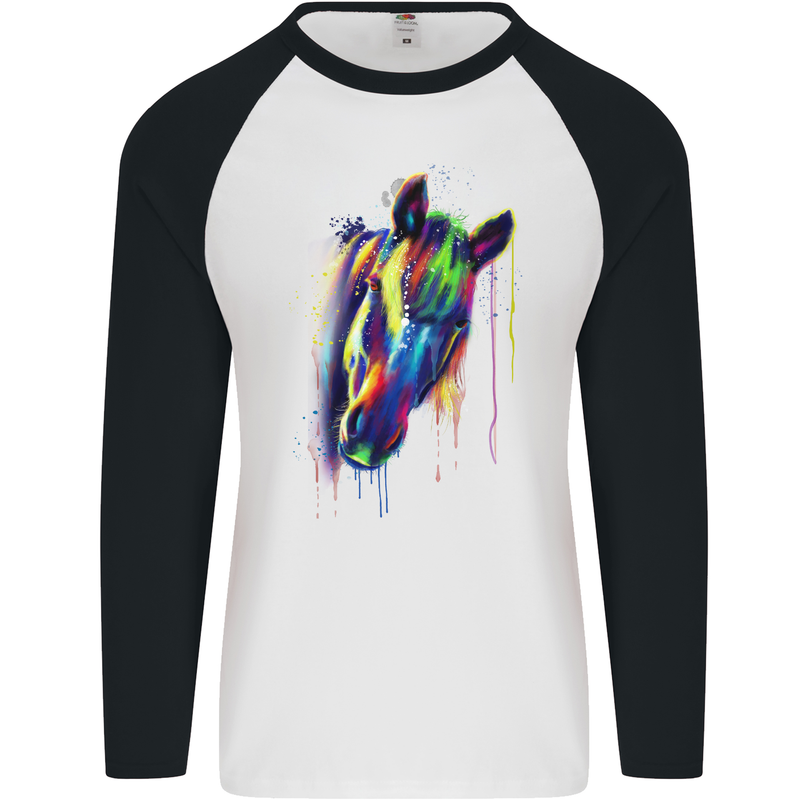 Watercolour Horse Mens L/S Baseball T-Shirt White/Black