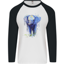 Elephant Watercolour Mens L/S Baseball T-Shirt White/Black