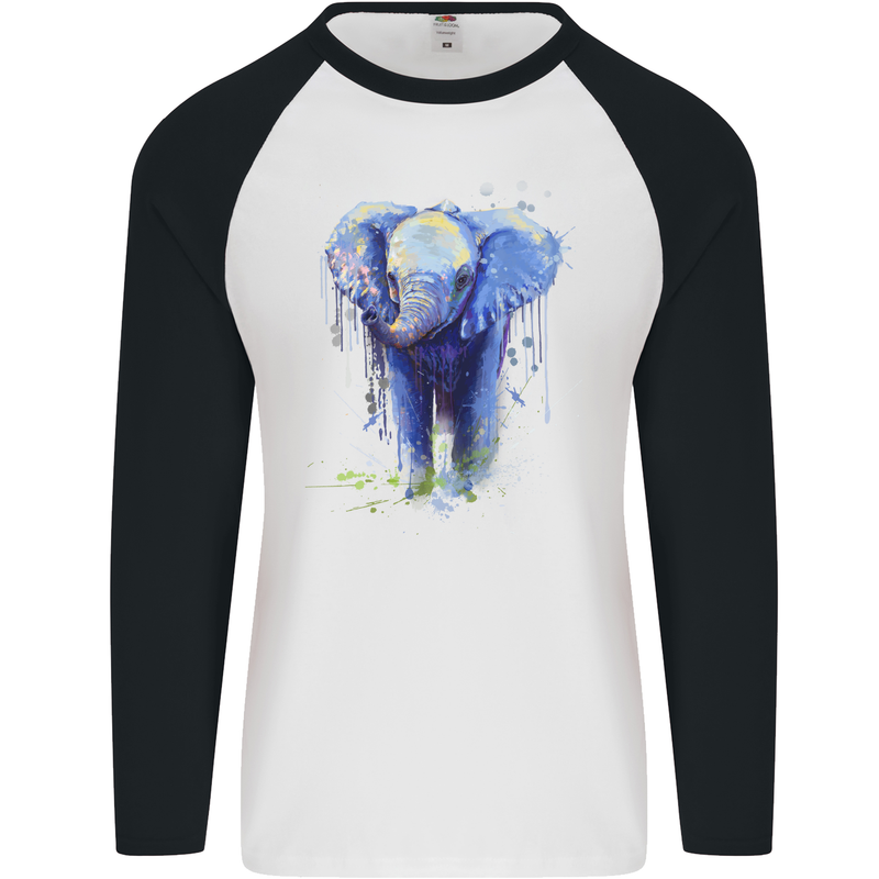 Elephant Watercolour Mens L/S Baseball T-Shirt White/Black