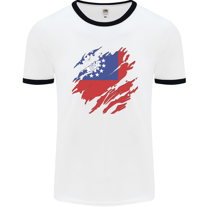 Torn Myanmar Flag Burmese Day Football Mens Ringer T-Shirt White/Black