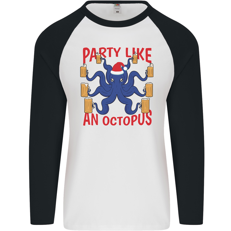 Beer Party Octopus Christmas Scuba Diving Mens L/S Baseball T-Shirt White/Black