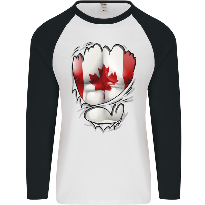 Gym Canadian Maple Leaf Flag Muscles Canada Mens L/S Baseball T-Shirt White/Black