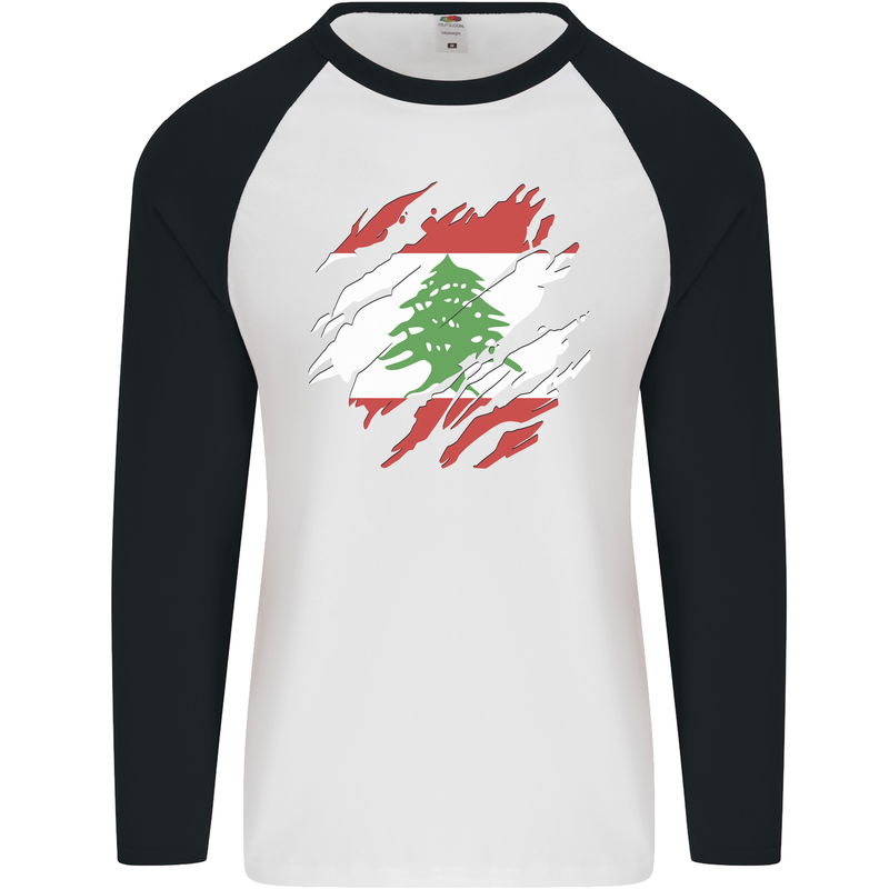 Torn Lebanon Flag Lebanese Day Football Mens L/S Baseball T-Shirt White/Black