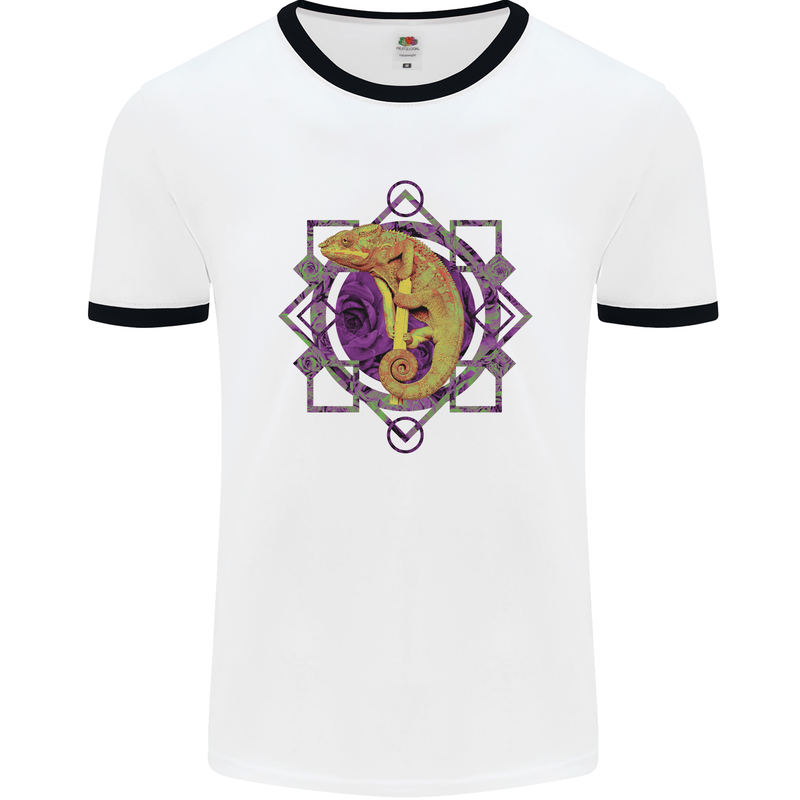 A Geometric Chameleon Mens Ringer T-Shirt White/Black