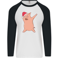 Christmas Dabbing Pig Wearing an Xmas Hat Mens L/S Baseball T-Shirt White/Black