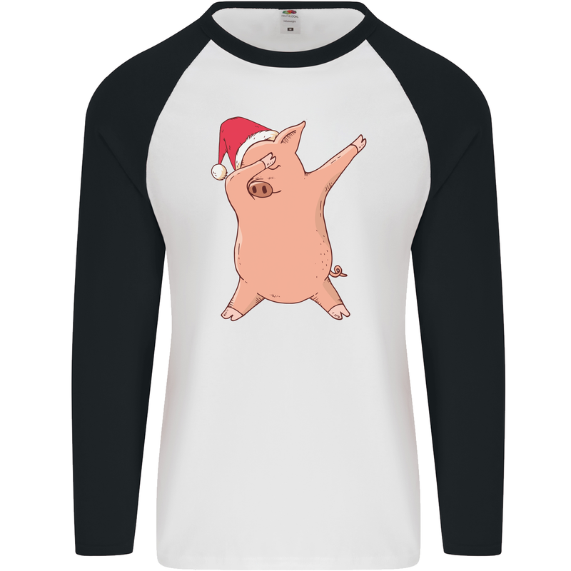 Christmas Dabbing Pig Wearing an Xmas Hat Mens L/S Baseball T-Shirt White/Black