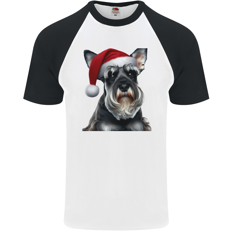 Christmas Schnauzer Dog Xmas Hat Mens S/S Baseball T-Shirt White/Black