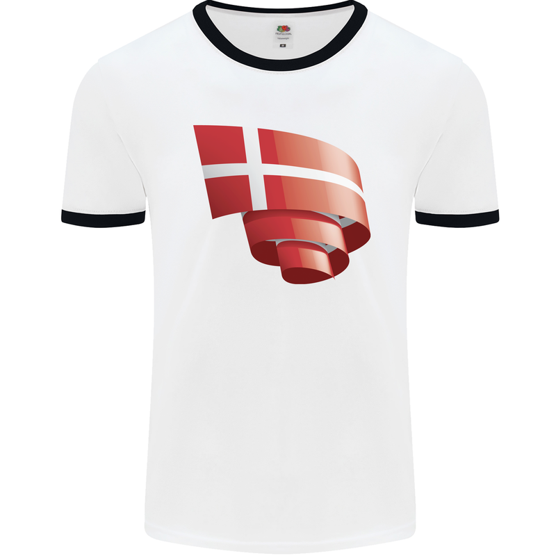 Curled Denmark Flag Danish Day Football Mens Ringer T-Shirt White/Black
