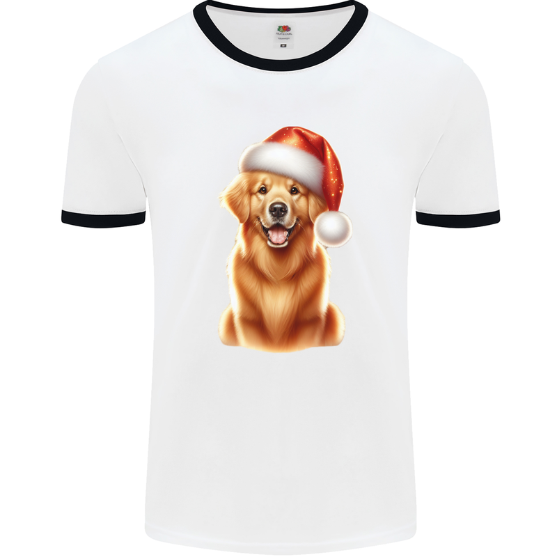 Christmas Golden Retriever Dog Xmas Hat Mens Ringer T-Shirt White/Black