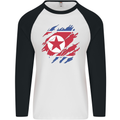 Torn North Korea Flag Korean Day Football Mens L/S Baseball T-Shirt White/Black