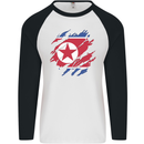 Torn North Korea Flag Korean Day Football Mens L/S Baseball T-Shirt White/Black