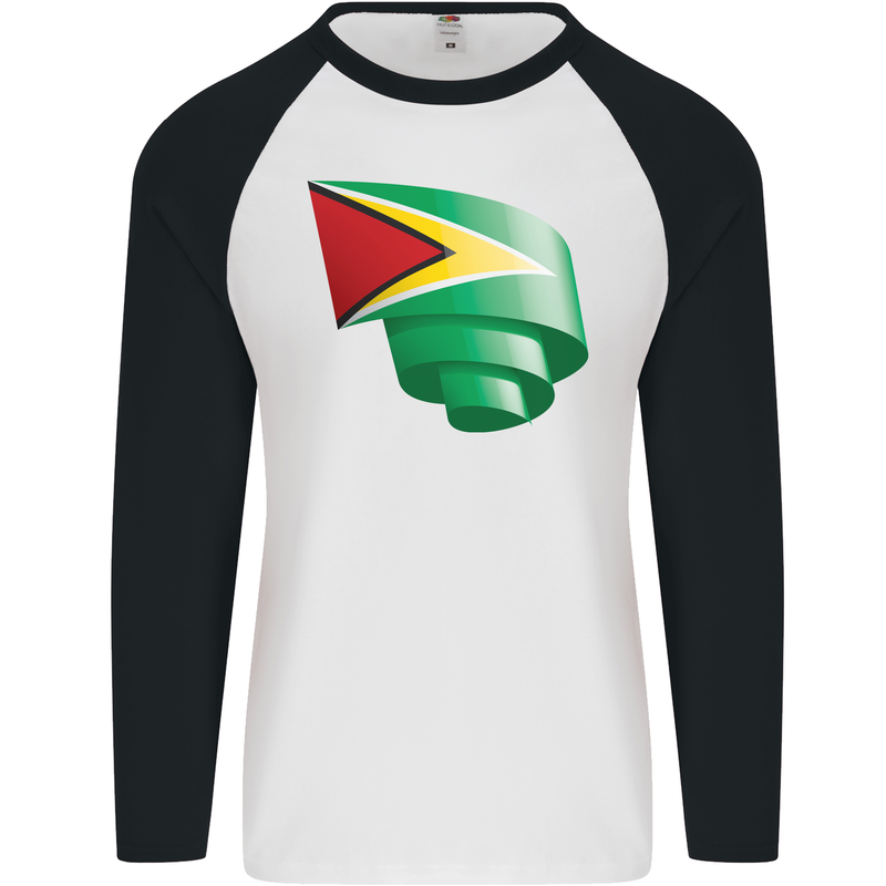 Curled Guyana Flag Guyanese Day Football Mens L/S Baseball T-Shirt White/Black