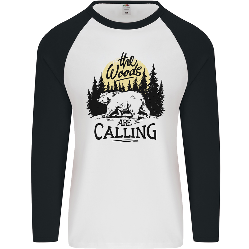 The Woods Calling Camping Trekking Bear Mens L/S Baseball T-Shirt White/Black