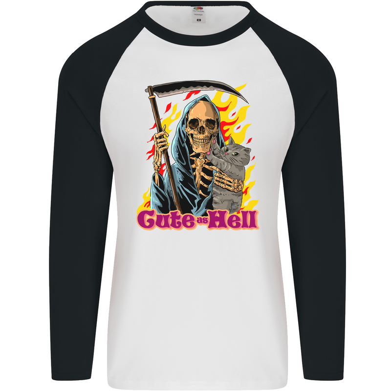 Cute Hell Cat Grim Reaper Skull Halloween Mens L/S Baseball T-Shirt White/Black