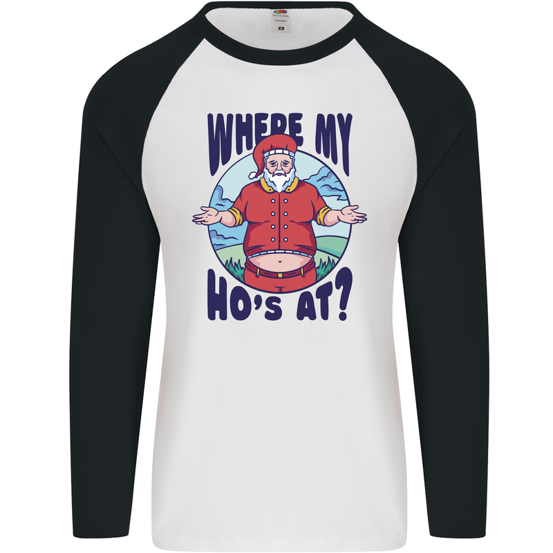 Father Christmas Where My Ho's at? Mens L/S Baseball T-Shirt White/Black