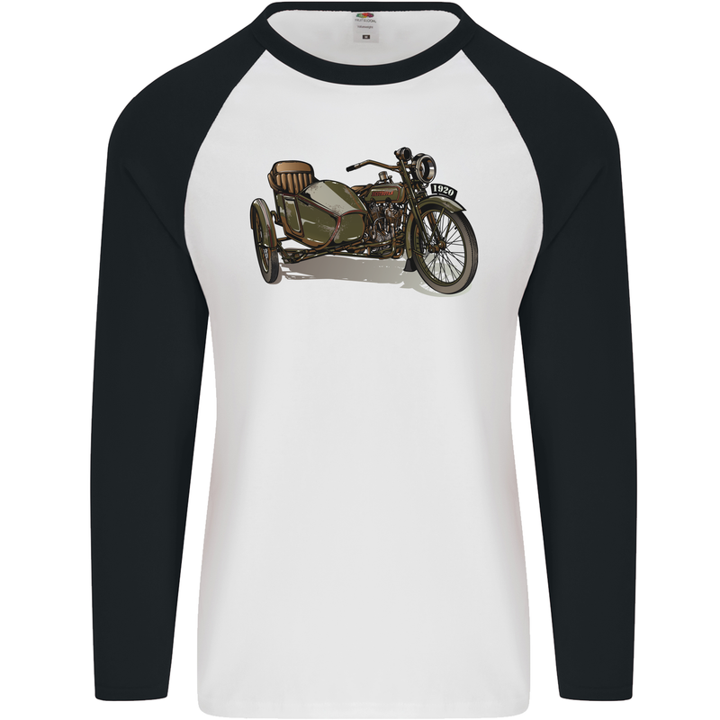 Motorcycle and Sidecar Biker Motorbike Mens L/S Baseball T-Shirt White/Black