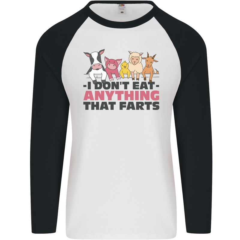 Anything That Farts Funny Vegan Vegetarian Mens L/S Baseball T-Shirt White/Black