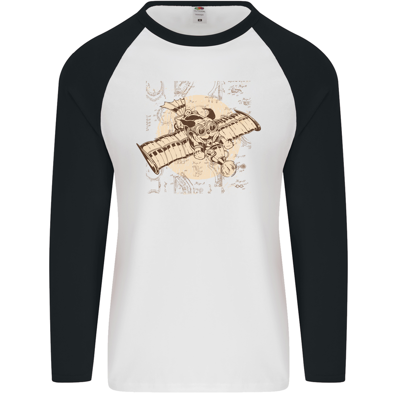 Flying Steampunk Dog Mens L/S Baseball T-Shirt White/Black