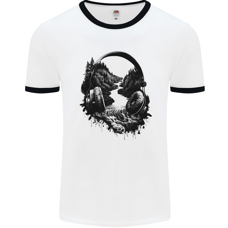 Headphones & Nature Music Trekking Hiking Mens Ringer T-Shirt White/Black