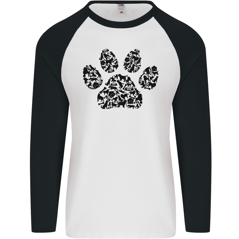 Dog Paw Print Word Art Mens L/S Baseball T-Shirt White/Black