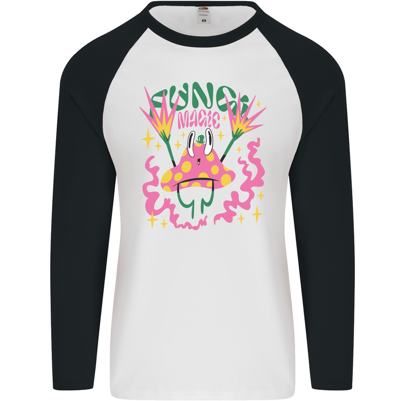 Fungi Magic Mushrooms Trippy LSD Mens L/S Baseball T-Shirt White/Black