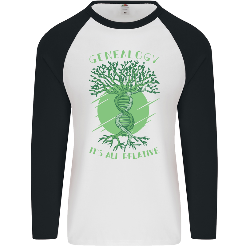 Genealogy Its All Relative Funny DNA Ancestry Mens L/S Baseball T-Shirt White/Black